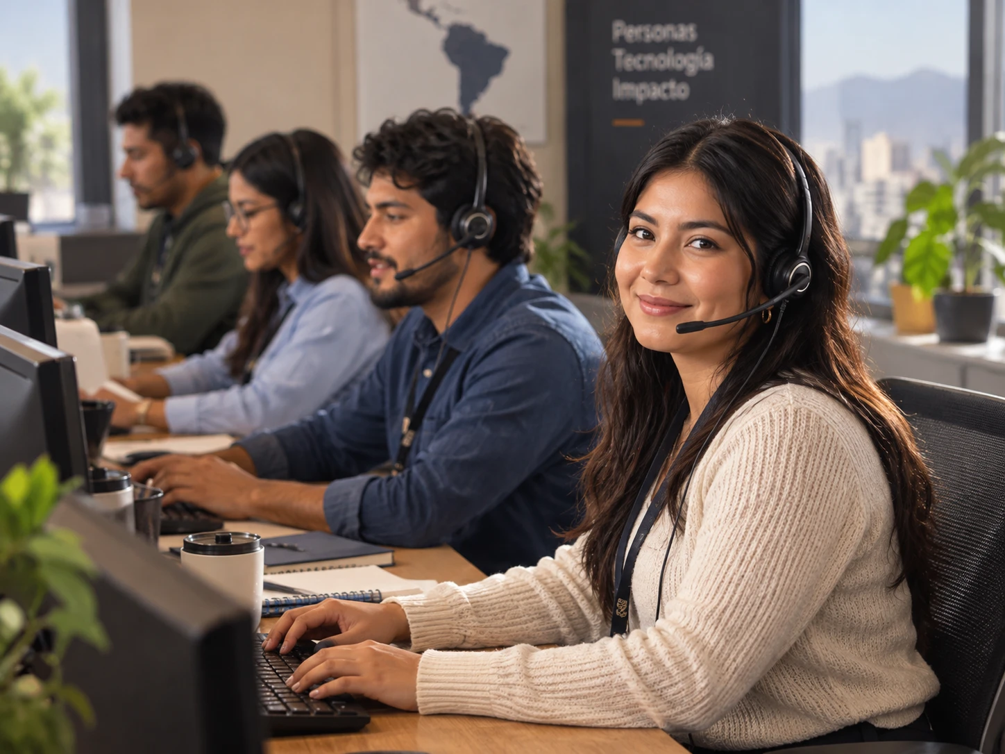 Equipo de atención con auriculares; en primer plano, una asesora sonríe frente al ordenador