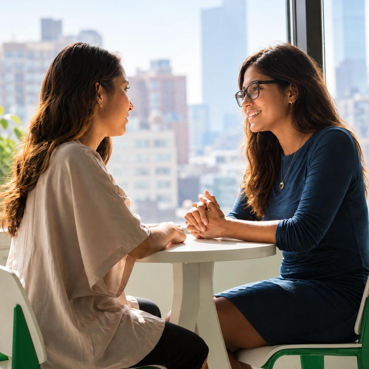 Dos mujeres conversan sonrientes en una mesa junto a una ventana con vista a la ciudad